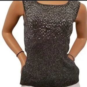 Large Lauren Michelle Grey Beaded Sleeveless elegant Sweater Top